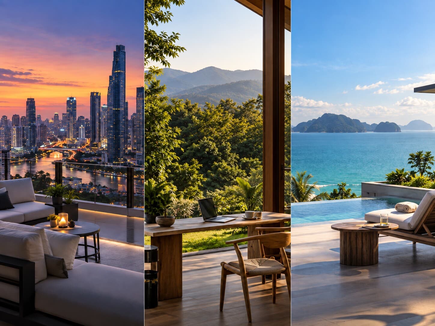 Trois cadres de vie en Thaïlande : panorama urbain, montagnes verdoyantes et bord de mer