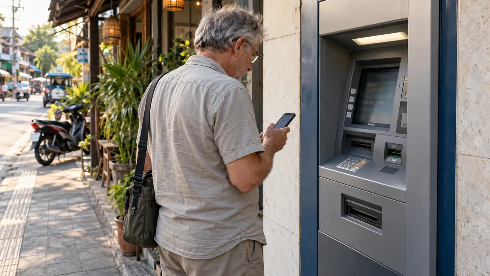 Voyageur consultant son téléphone devant un distributeur automatique dans une rue thaïlandaise.