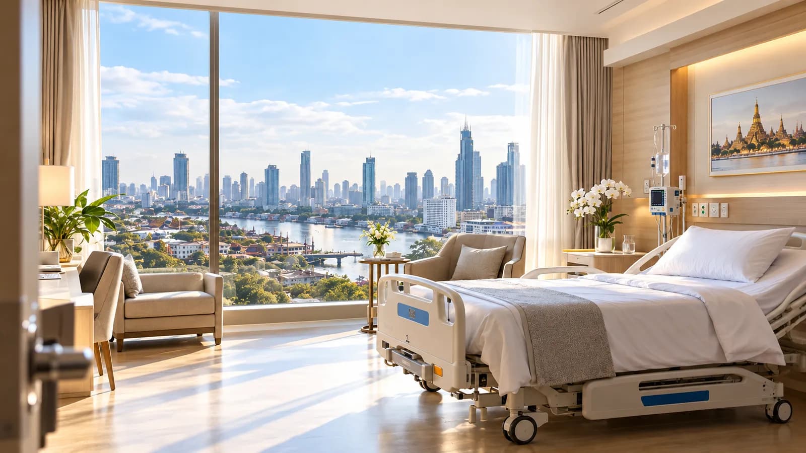 Chambre d'hôpital vide avec un lit, des fauteuils et une grande fenêtre sur la ville.