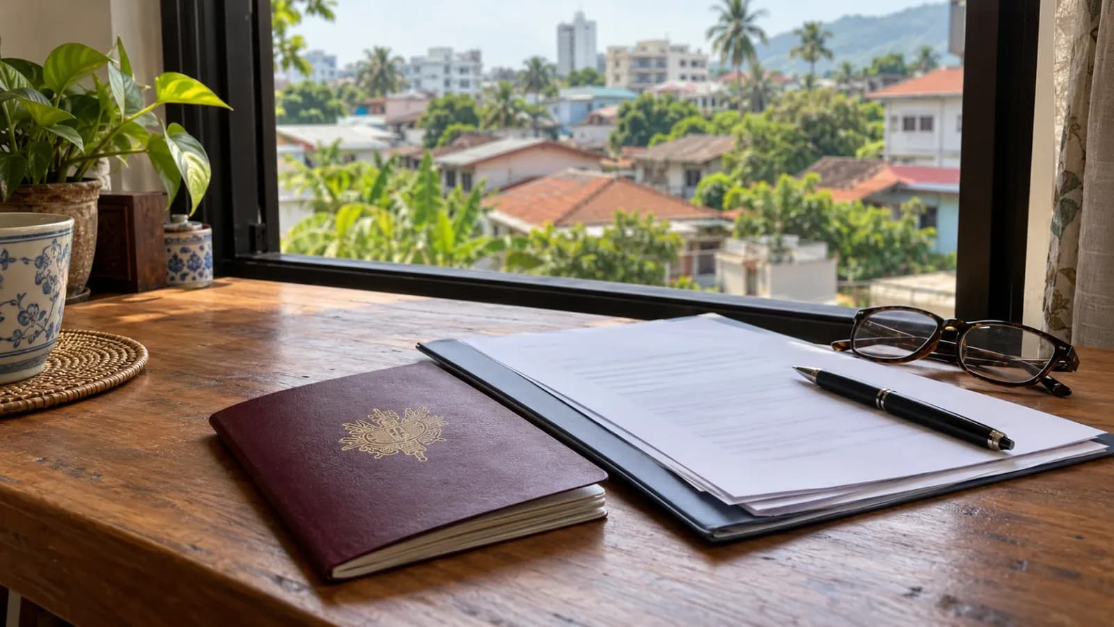 Passeport fermé, dossier et stylo sur une table près d'une fenêtre donnant sur un quartier thaïlandais.