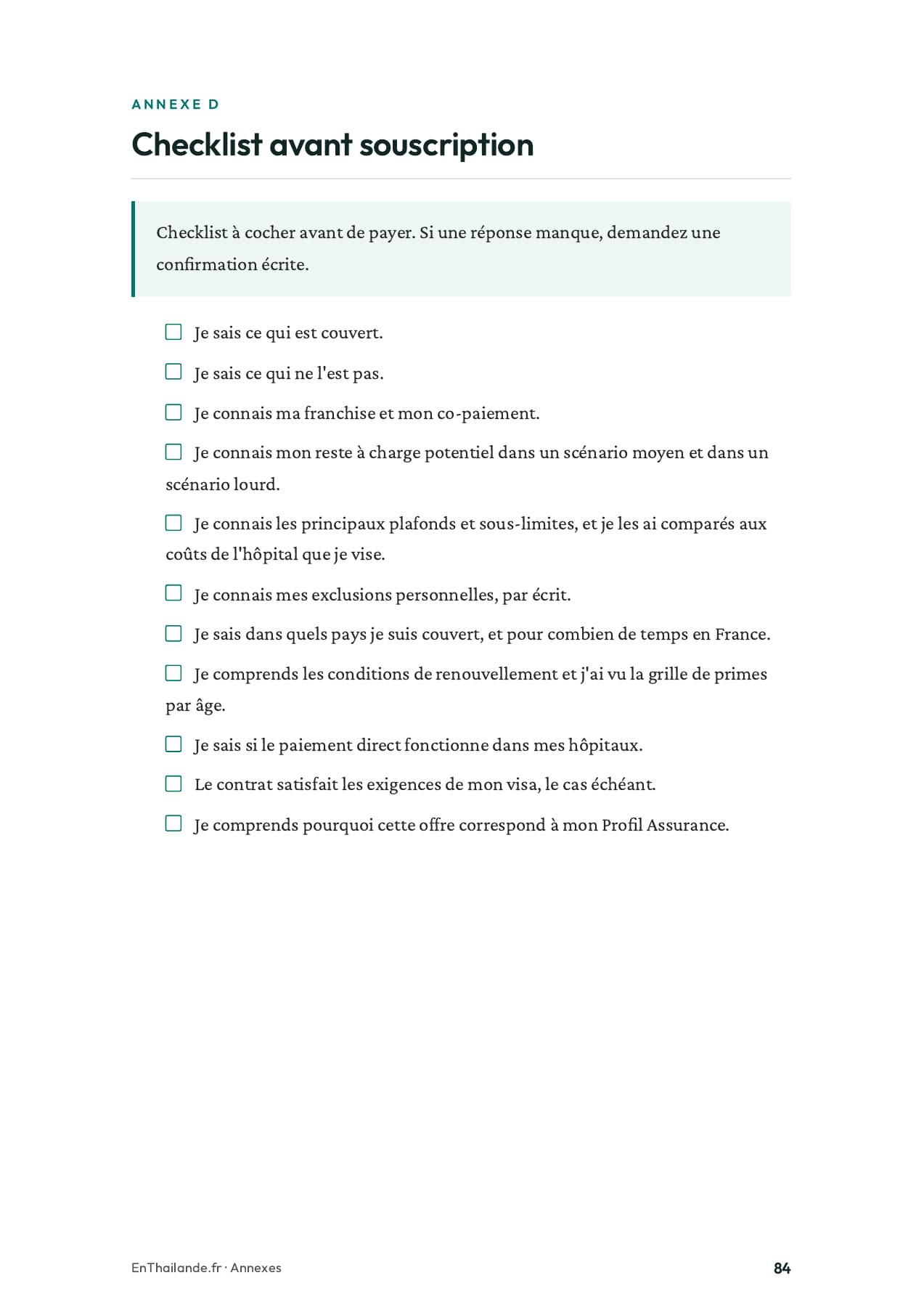 Page 84 du guide : checklist avant souscription, avec les points à vérifier et à cocher