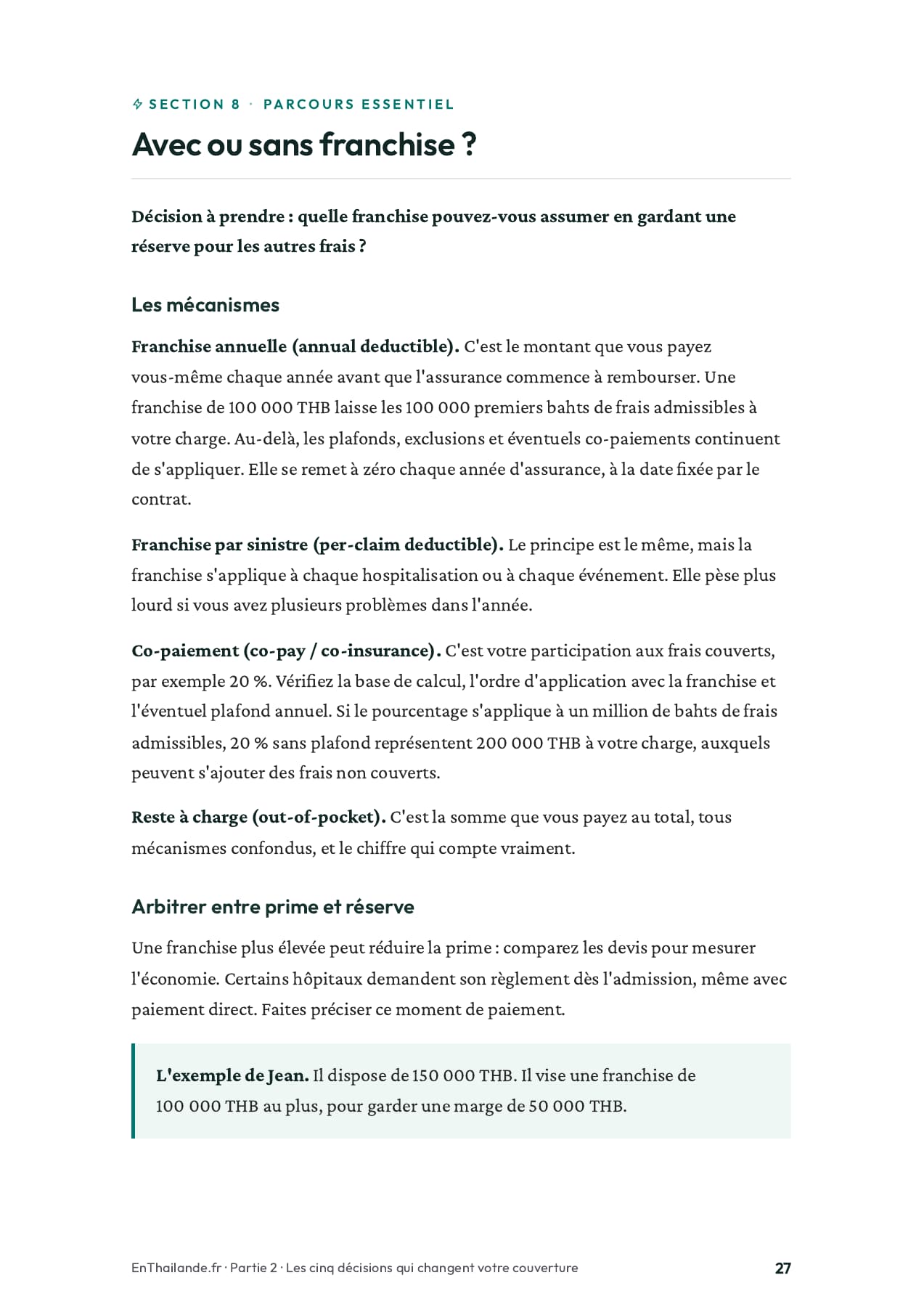 Page 27 du guide : explications sur la franchise, le co-paiement et les frais restant à votre charge