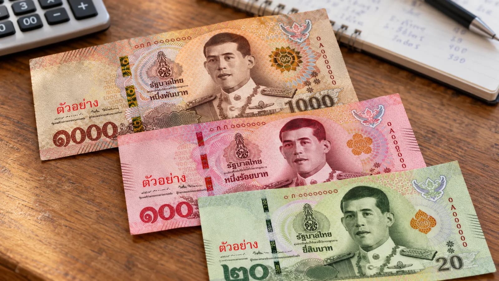Gros plan de billets thaïlandais de 1 000, 100 et 20 bahts sur une table, avec une calculatrice et un carnet en arrière-plan.
