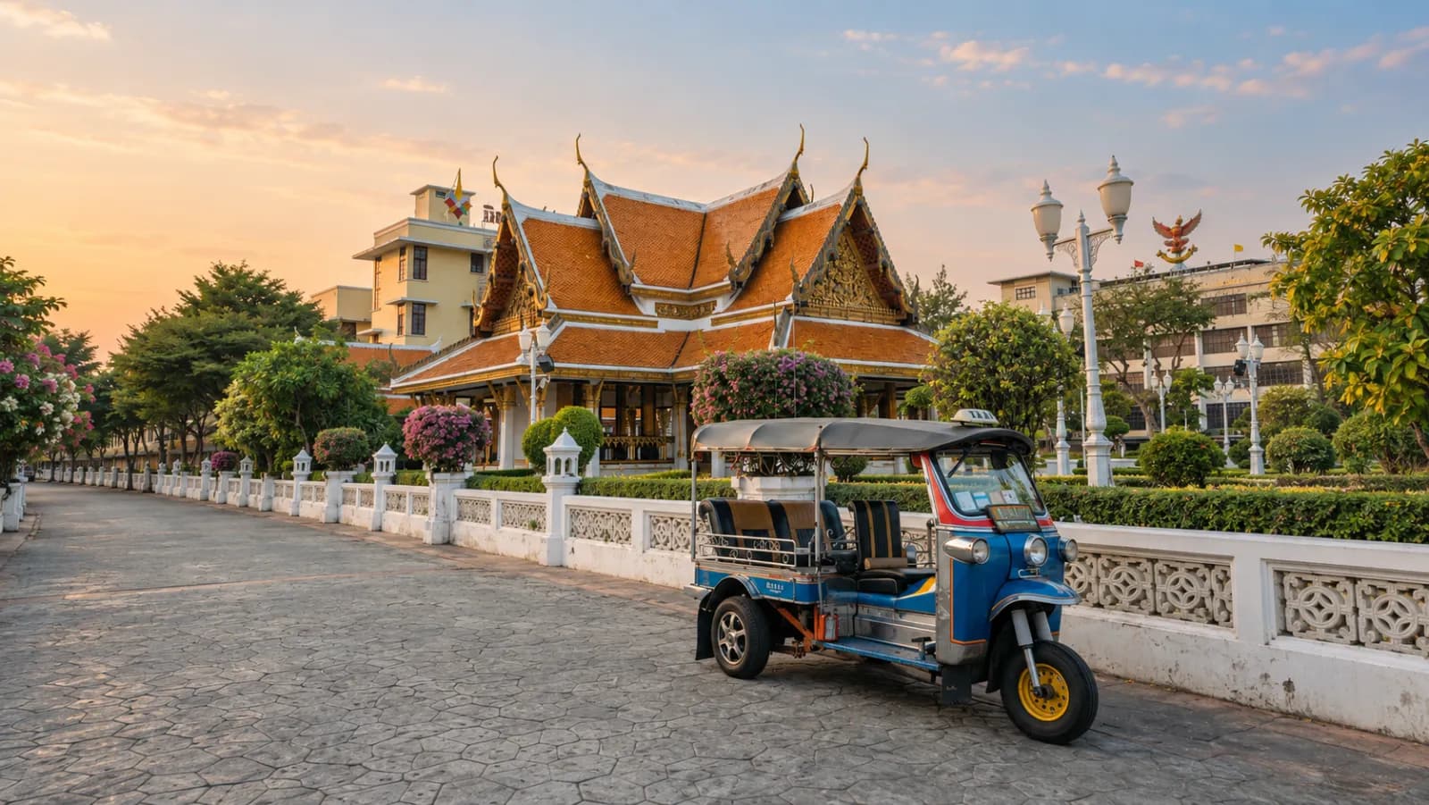 Tuk-tuk bleu stationné devant un temple thaïlandais bordé d'arbres et de fleurs.
