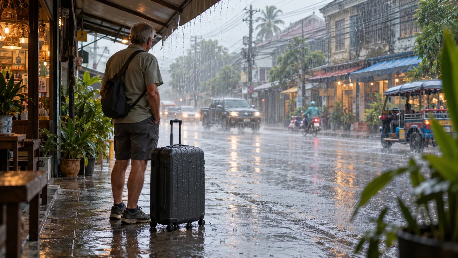 Voyageur avec sa valise à l'abri sous un auvent, face à une rue thaïlandaise sous une forte pluie tropicale.